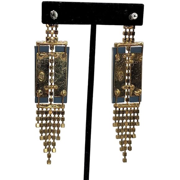 Matte Dangling Tassel Chandelier Earrings Runway Geometric Design Vtg Gold-Tone - Picture 14 of 16